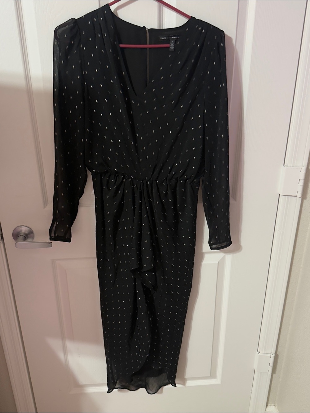 White House Black Market Black Midi Wrap Dress with Silver Dot Accent